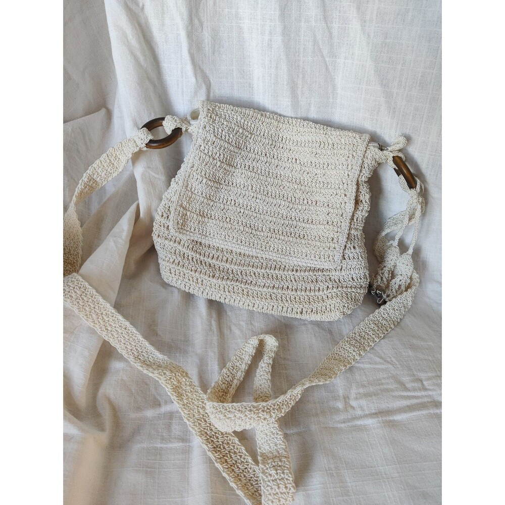Off White Crochet Boho Shoulder Bag Wood Ring Handles Y2K Coastal Grandma